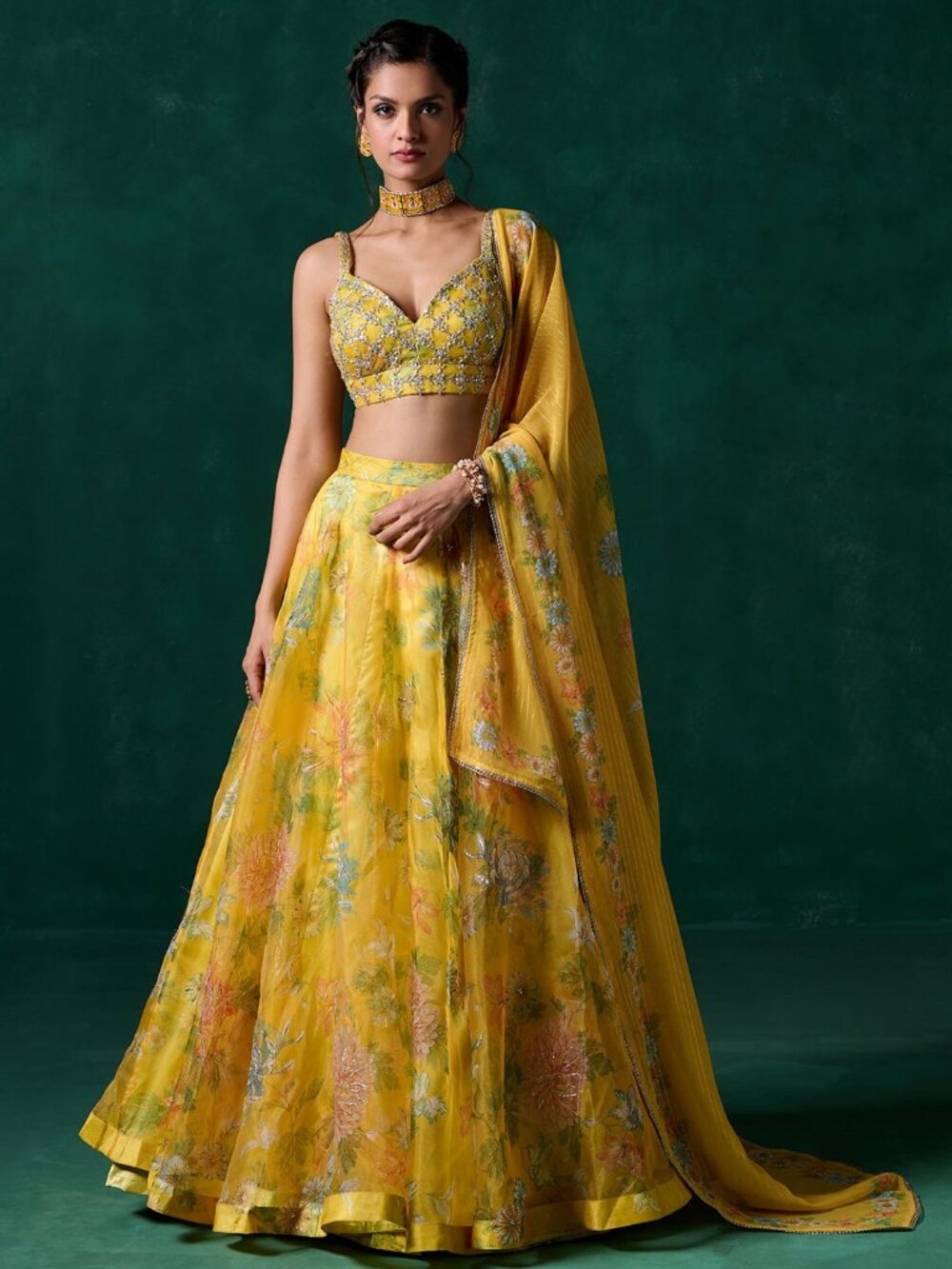 Lashkaraa Yellow Multicolor Floral Printed Lehenga, Size Medium, Like New